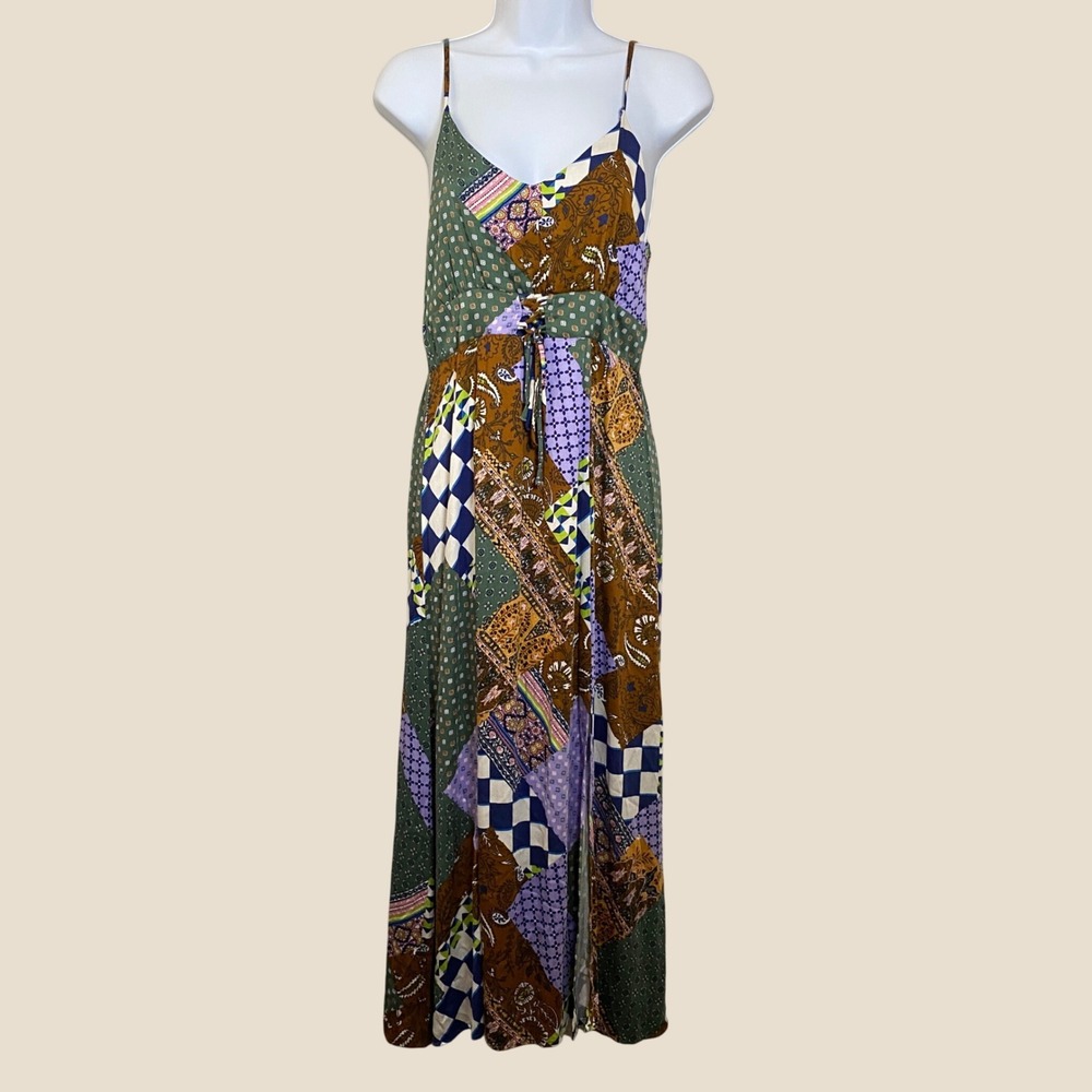 Rewind Patchwork Midi Dress Medium Bohemian Boho Festival Lace Up Colorful Artsy